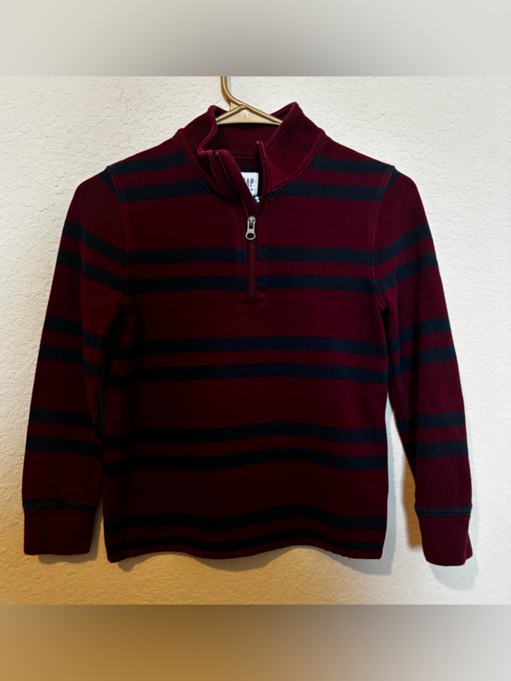 GapKids Boys Maroon Navy Stripe Quarter Zip Mock Neck Sweater Size Medium